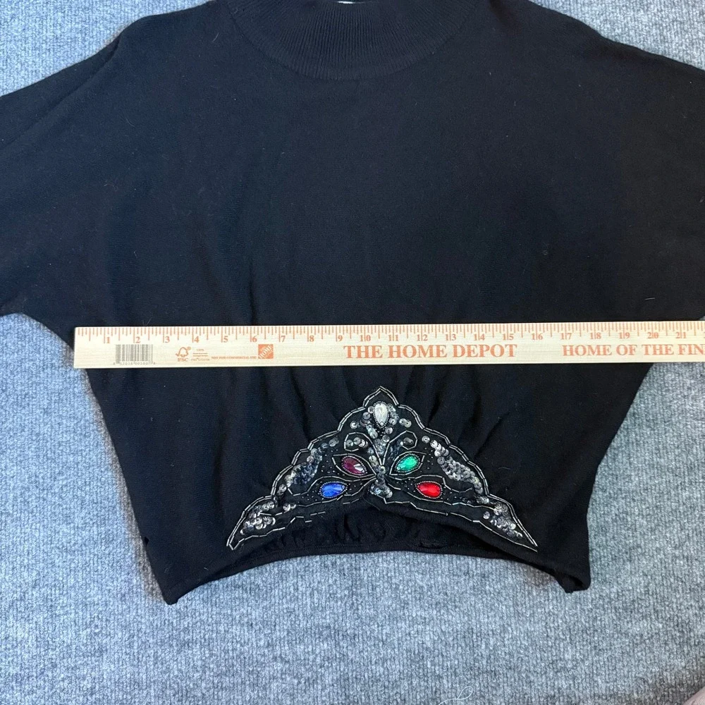 Vintage Le Pull Over Irene Leung Wool Black Mock Neck Beaded Gem Sweater Knit